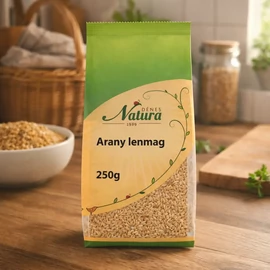 Dénes Natura Arany lenmag 250 g csomagolás, vegán, rost‑ és fehérjeforrás, adalékmentes jelölésekkel.