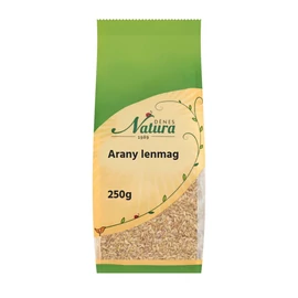 Dénes Natura Arany lenmag 250 g csomagolás, vegán, rost‑ és fehérjeforrás, adalékmentes jelölésekkel.