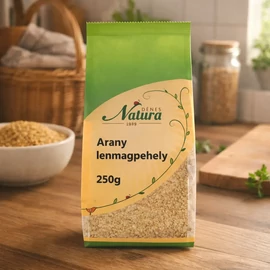 Dénes Natura Arany lenmagpehely 250 g csomagolás, vegán, rost‑ és fehérjeforrás, adalék- és hozzáadott cukortól mentes jelölésekkel.