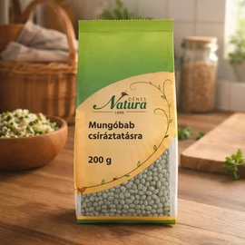 Dénes Natura Mungóbab csíráztatásra 200 g csomagolás, zöld csíra és részletes csíráztatási útmutató.
