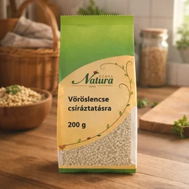 Dénes Natura Vöröslencse csíráztatásra 200 g csomagolás, csíráztatási útmutatóval és tippekkel.
