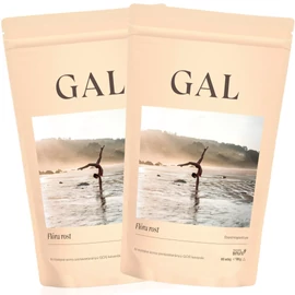 GAL Flóra rost DUO 2×180 g, két fehér GAL doboz és 180 g‑os tasakok Bimuno® GOS prebiotikus porral, 100%-ban újrahasznosítható csomagolásban.