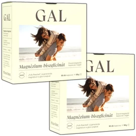GAL Magnézium-biszglicinát DUO 2×90 kapszula, két fehér GAL doboz és üvegben kapszulák, FSC‑tanúsított, 100%-ban újrahasznosítható csomagolással.