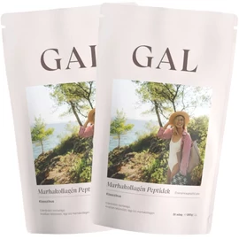 GAL Marhakollagén peptidek DUO 2×300 g, két fehér GAL doboz és 300 g‑os tasakok íztelen, hidrolizált marhakollagén porral.
