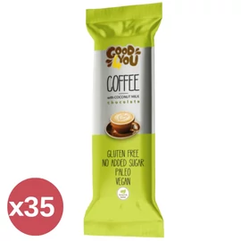 Health Market Good4You kávés szelet kínáló 35x25 g, gluténmentes, paleo és vegán szeletek egyenként csomagolva dobozban.