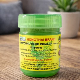 Hongthai zöld gyógynövényes inhalátor kis méretű, zárható tégelyben, thai eredetű mentolos illóolajos inhaláló készítmény