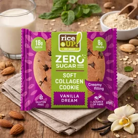 Rice Up Zero Cookies vanília ízű kollagénes protein keksz kínáló 10x60 g, gluténmentes zab alapú fehérjedús snack vaníliás töltelékkel