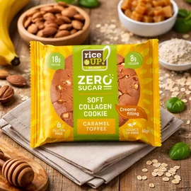 RiceUp Zero Cookies karamell ízű kollagénes protein keksz 60 g, gluténmentes zab alapú fehérjedús snack karamell töltelékkel
