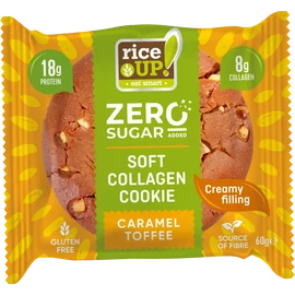 RiceUp Zero Cookies karamell ízű kollagénes protein keksz 60 g, gluténmentes zab alapú fehérjedús snack karamell töltelékkel
