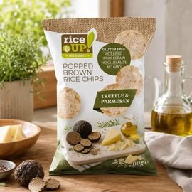 Rice Up! Chips Szarvasgombás-Parmezános 60 g – puffasztott barna rizs chips szarvasgomba parmezán ízesítéssel, gourmet snack