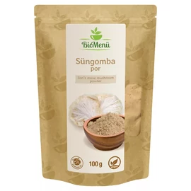 BioMenü BIO Süngomba por 100 g álló tasak, 100% bio Hericium erinaceus gombaporral, magyar nyelvű címkével.