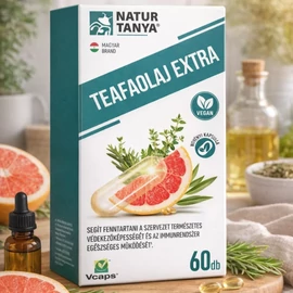 Natur Tanya® Teafaolaj Extra 60 db doboz és Vcaps® növényi mikrokapszulák, teafaolajjal és 4 további növényi kivonattal.