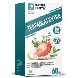 Natur Tanya® Teafaolaj Extra 60 db doboz és Vcaps® növényi mikrokapszulák, teafaolajjal és 4 további növényi kivonattal.