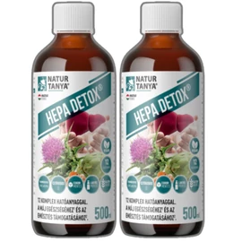Natur Tanya® Hepa Detox® DUO csomag, két 500 ml‑es lime ízű, vegán máj- és emésztés támogató koncentrátummal, mérőkupakkal.