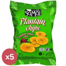 Samai Plantain chips édes chilli 75 g zacskók 5 darabos csomagban, ecuadori főzőbanánból, gluténmentes, vegán ropogtatnivalóként.