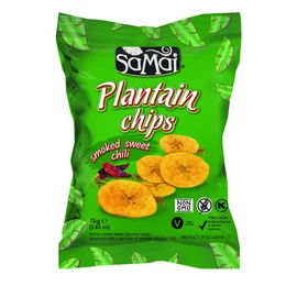 Samai Plantain chips édes chilli 75 g zacskó, ecuadori főzőbanánból készült, gluténmentes, vegán ropogtatnivalóként.