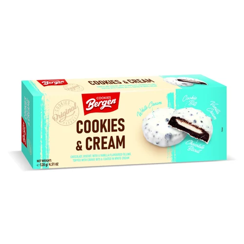 Bergen Cookies &amp; Cream kakaós sütemény tejkrémes töltelékkel HCM 128 g