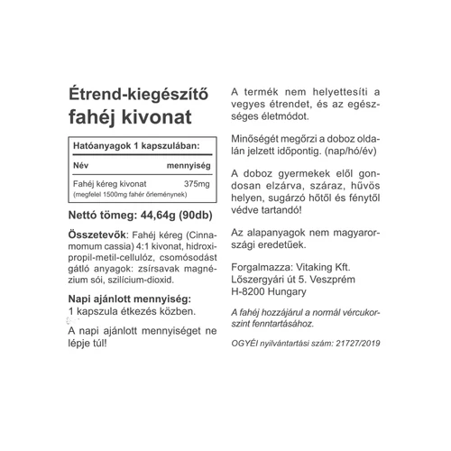 Vitaking Fahéj Kéreg Kivonat 375 mg - 90 db