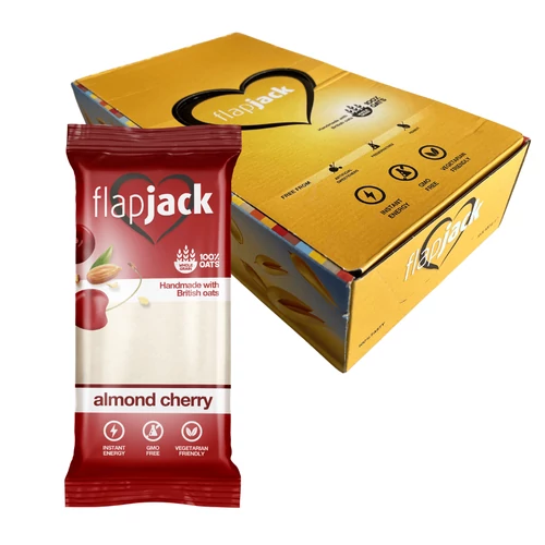 Flapjack Meggyízű mandulás zabszelet kandírozott cseresznyedarabokkal, fehér bevonóba mártva kínáló 15x100g (2db ajándék)