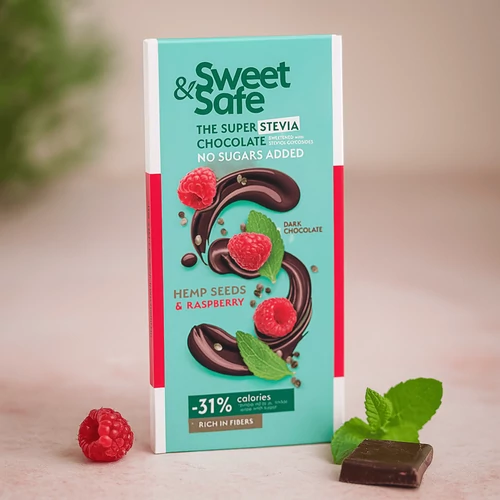 Sweet&Safe Étcsoki málnával, kenderrel, steviával 90 g