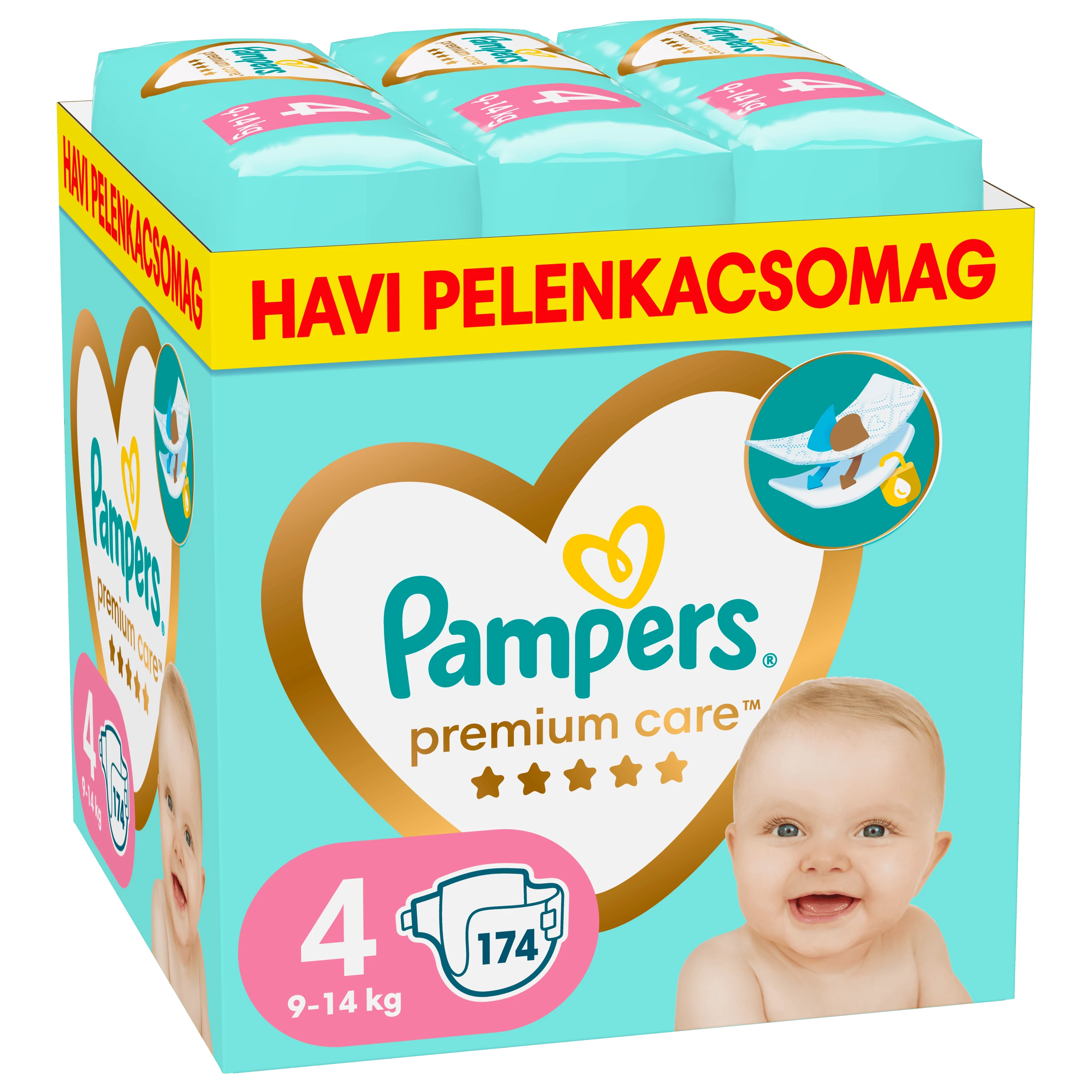 Pampers Premium Care pelenka 4, 9-14 kg, HAVI CSOMAG 174 db
