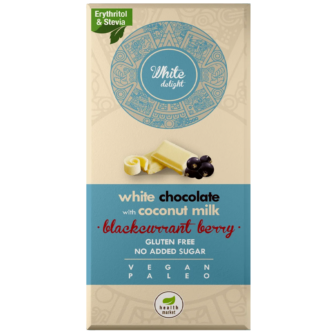 Dia-Wellness - Health Market White Delight Kókusztejes fehércsokoládé liofilizált egész feketeribizlivel 80g