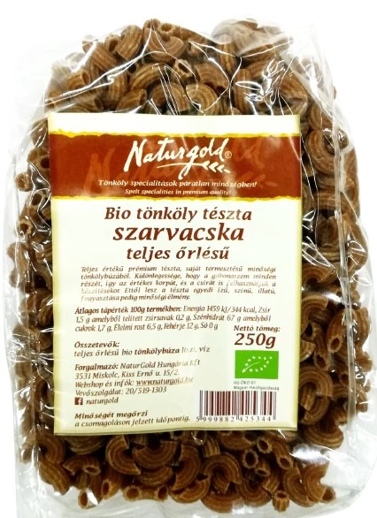 NaturGold Bio tönköly tészta szarvacska teljes őrlésű 250g