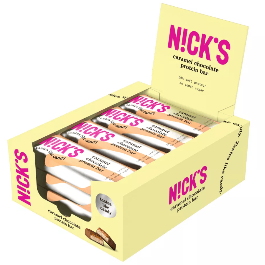 Nick's Caramel chocolate proteinszelet kínáló 12X50 g (1 db ajándék)