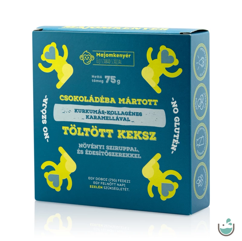 Majomkenyér Csokoládéban mártott kurkumás - kollagénes karamellával töltött keksz 75 g