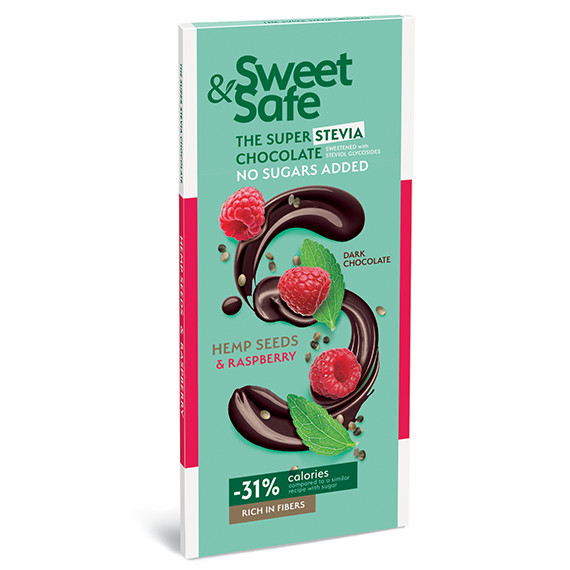 Sweet&Safe Étcsoki málnával, kenderrel, steviával 90 g
